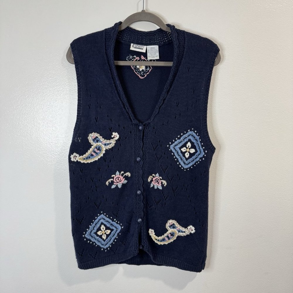 Vintage 80s 90s Knit Sweater Vest M Paisley Beaded Crochet Grandma Blue Cardigan